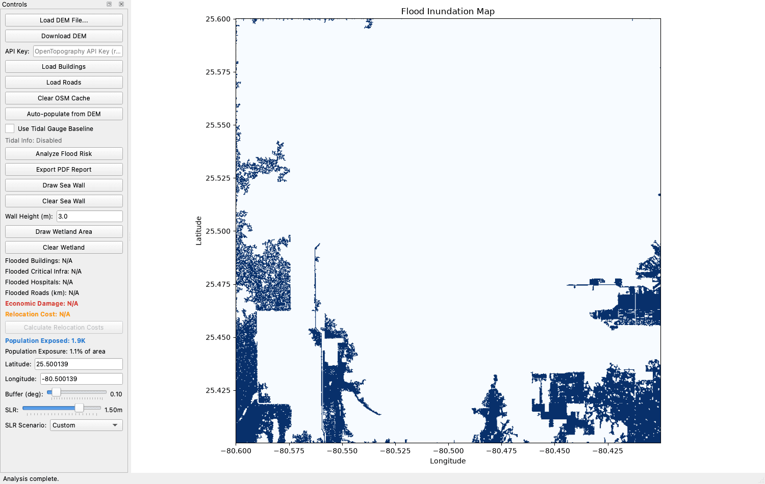 The CORA desktop application showing a flood inundation map of South Miami-Dade under a 1.5 metre sea level rise scenario, with a control panel listing impact metrics.